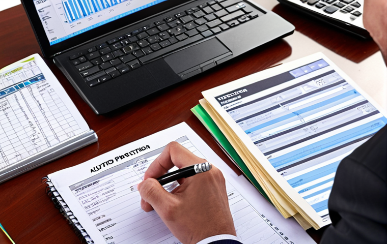 **Auction Preparation**: Create an image of a person sitting at a desk with auction documents spread out, looking focused and taking notes. Include elements like a computer showing an online auction platform and a notepad with budgeting strategies written down.